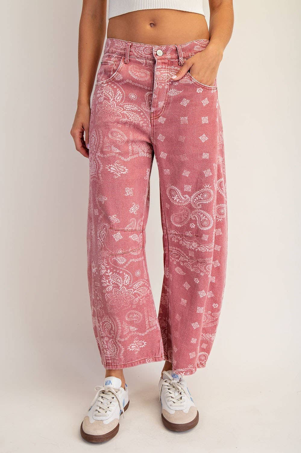Mineral Washed Paisley Barrel Jeans- Dusty Rose