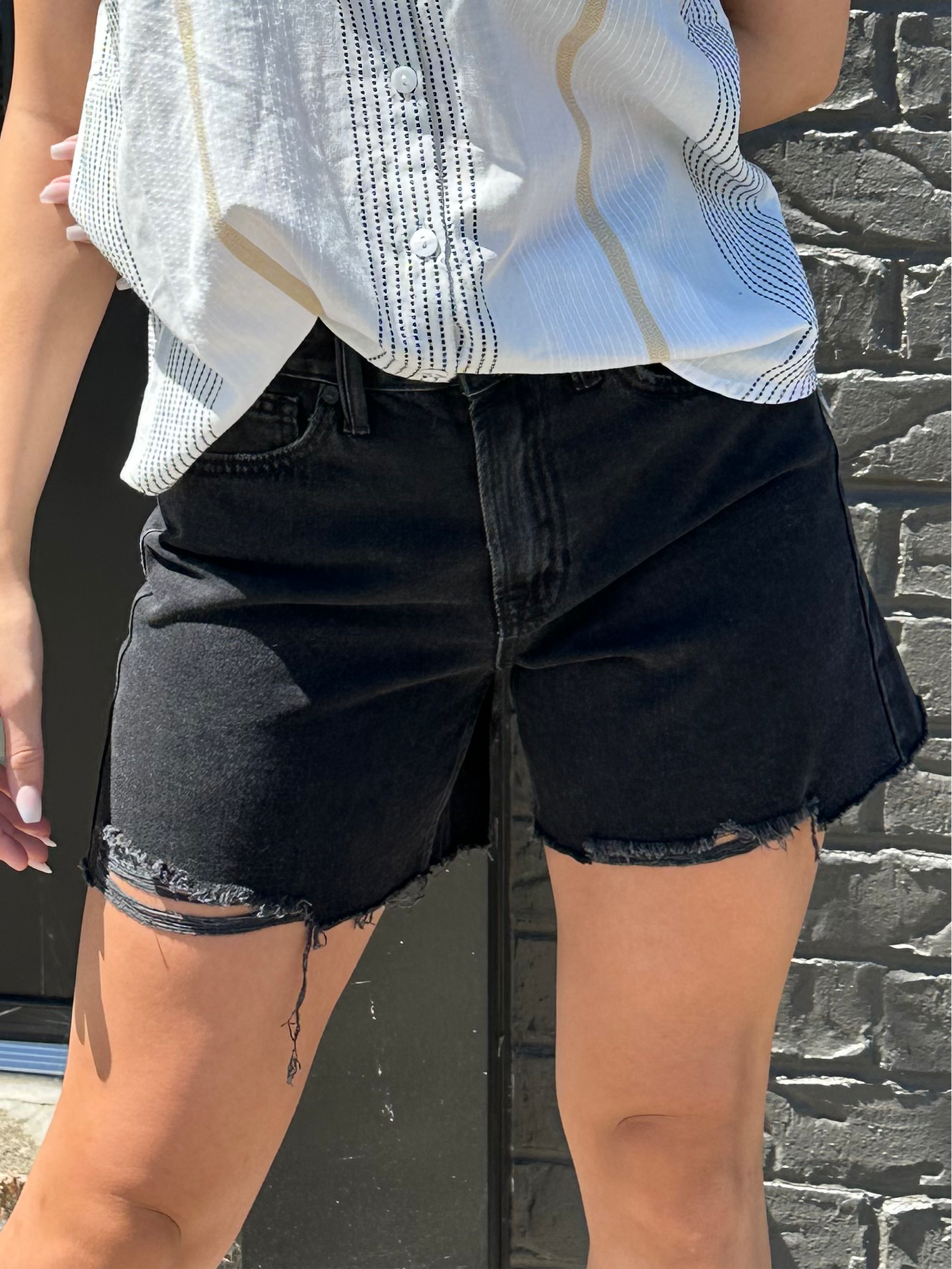 Distressed Black Denim Shorts