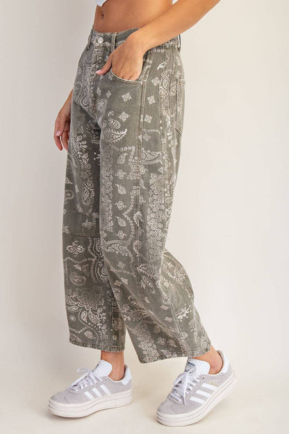 Mineral Washed Paisley Barrel Jeans- Vintage Army