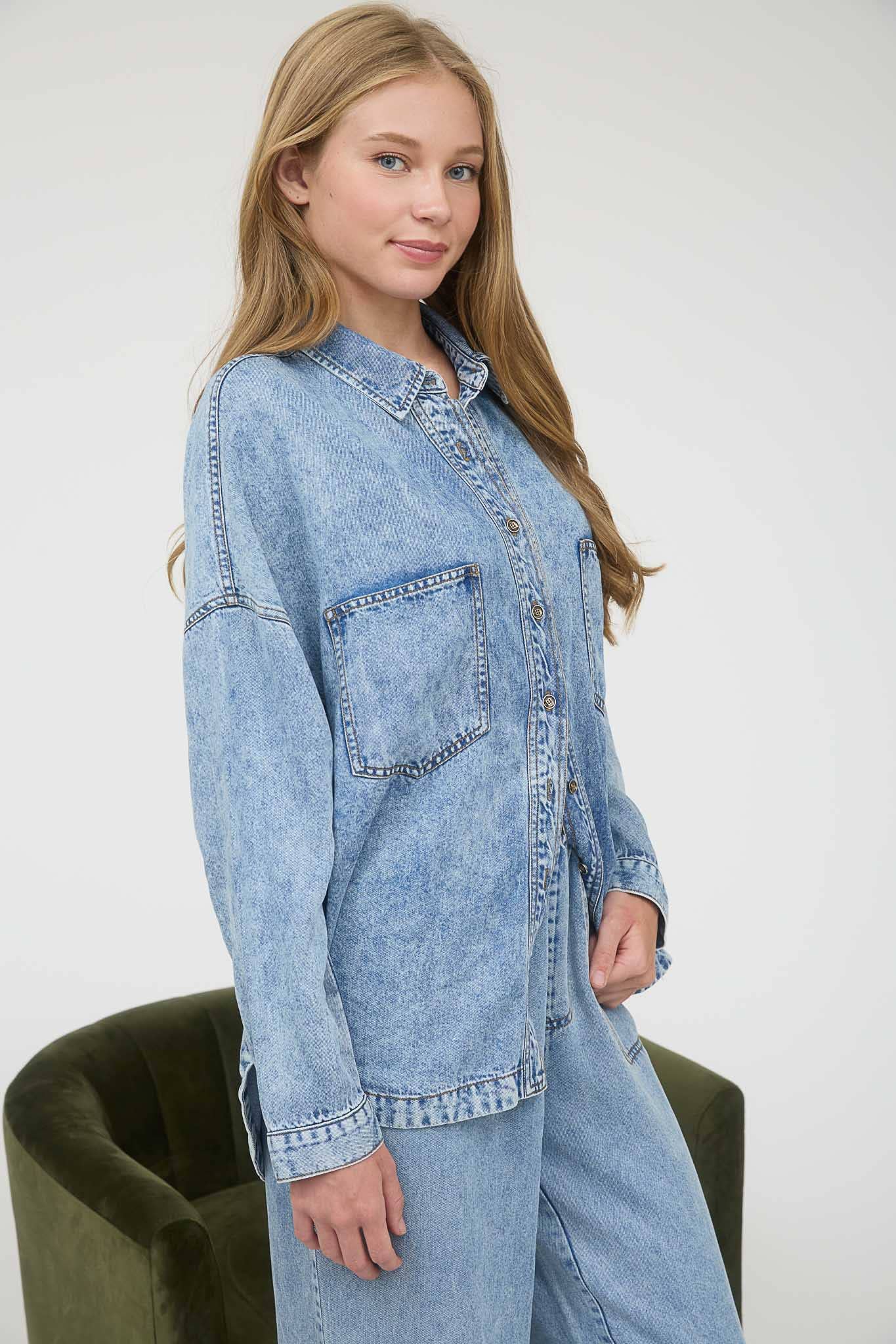 Washed Chambray Button Down Top