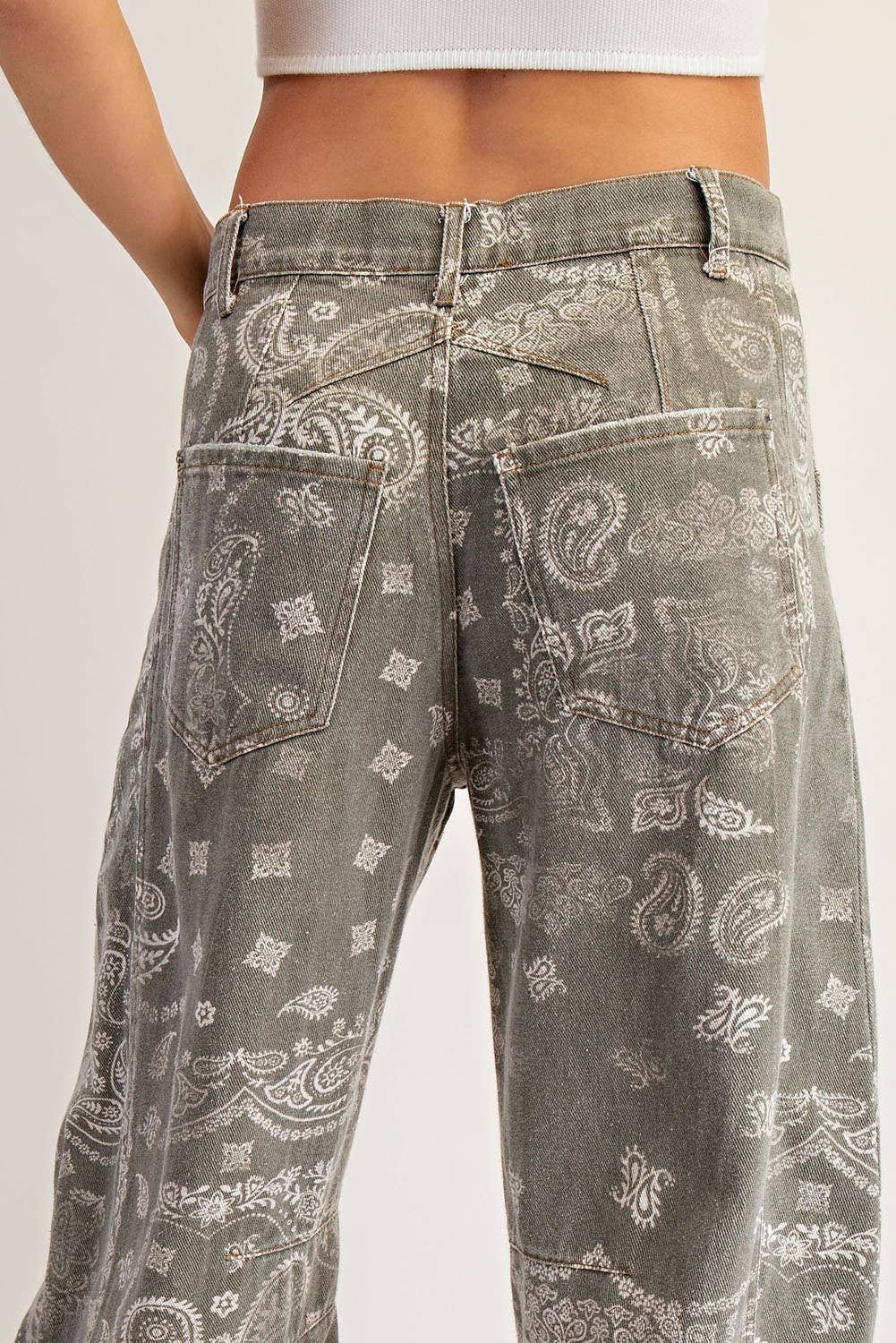 Mineral Washed Paisley Barrel Jeans- Vintage Army
