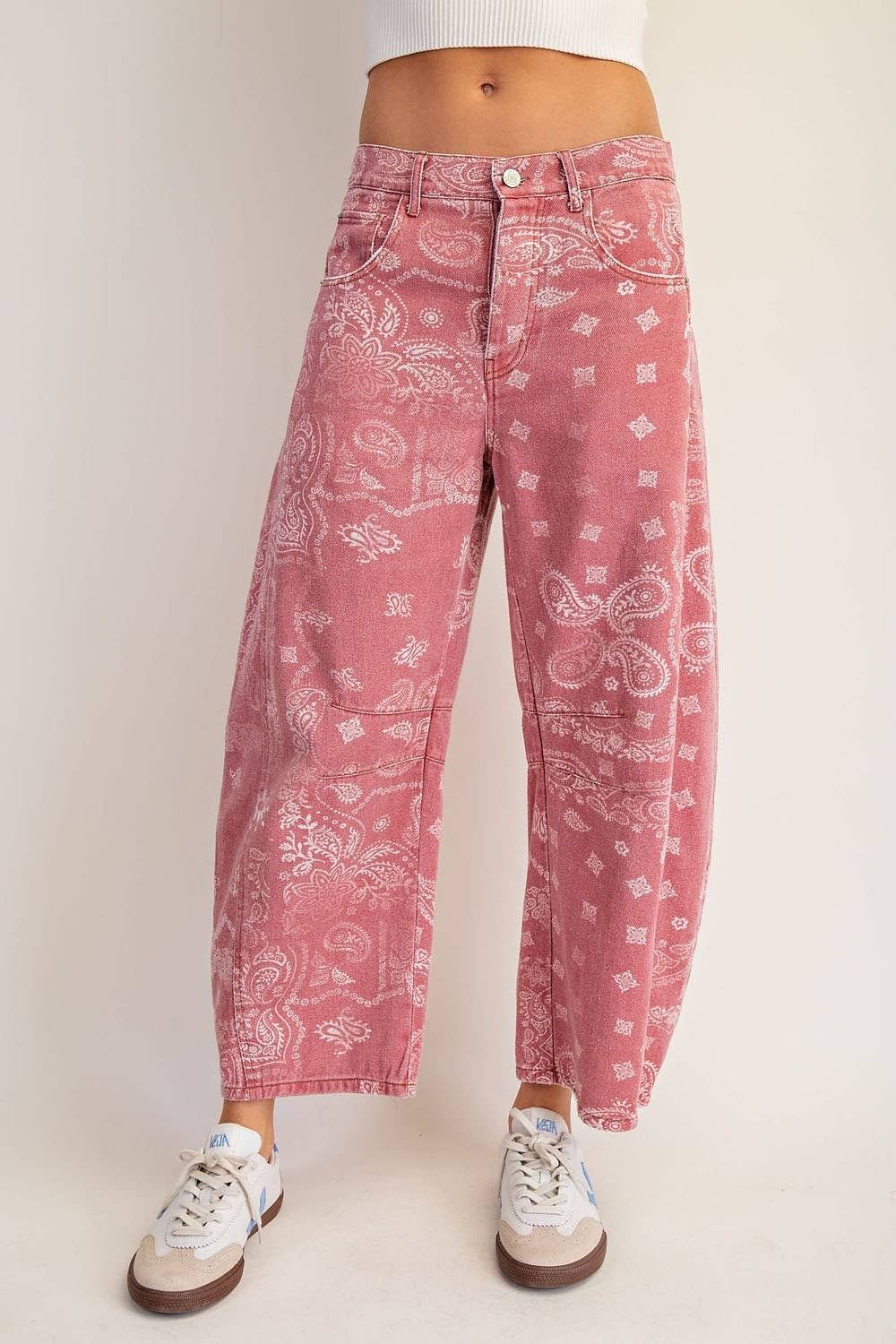 Mineral Washed Paisley Barrel Jeans- Dusty Rose