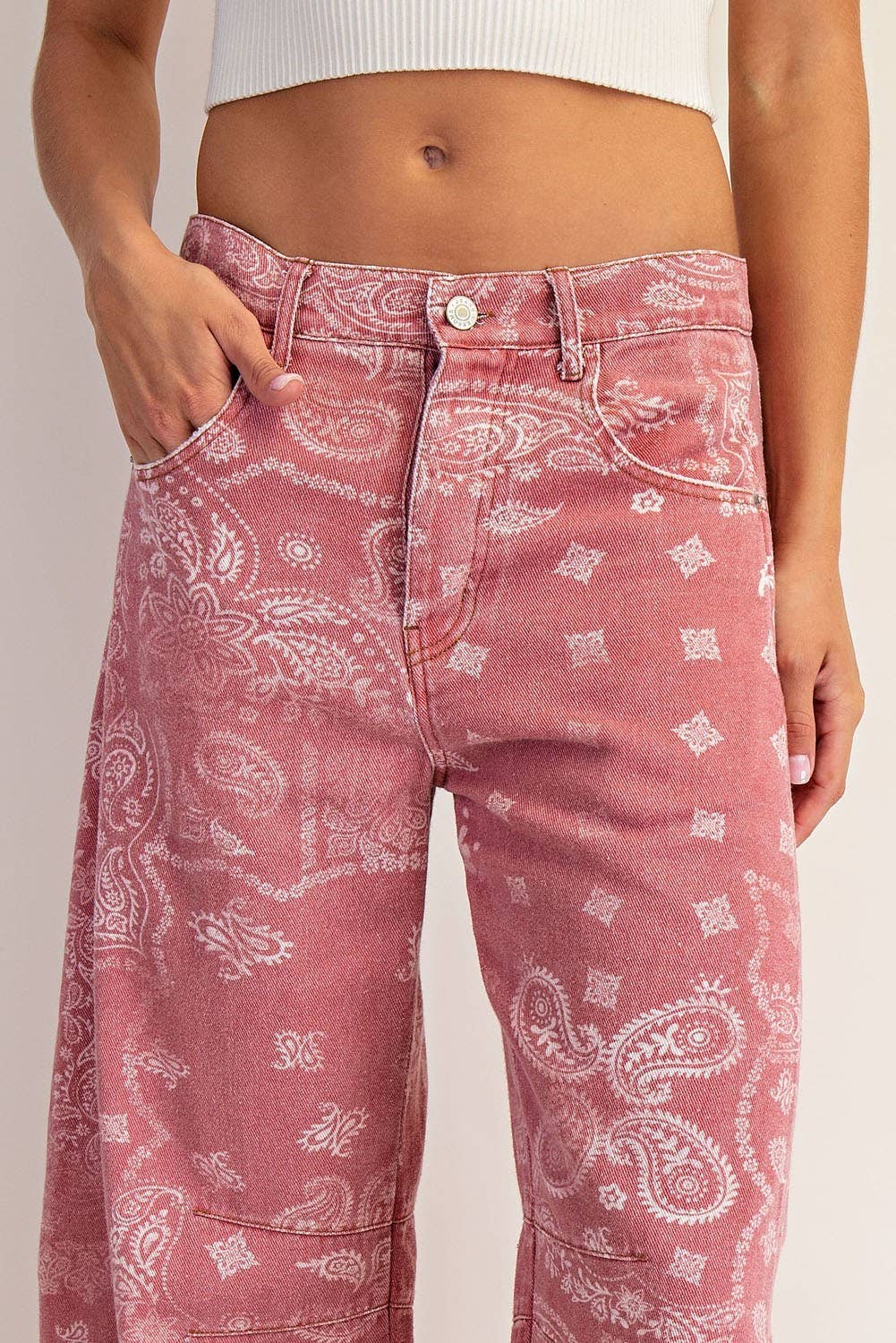 Mineral Washed Paisley Barrel Jeans- Dusty Rose