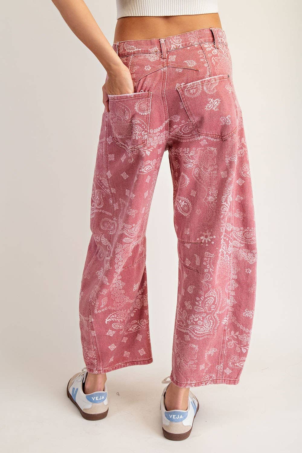 Mineral Washed Paisley Barrel Jeans- Dusty Rose
