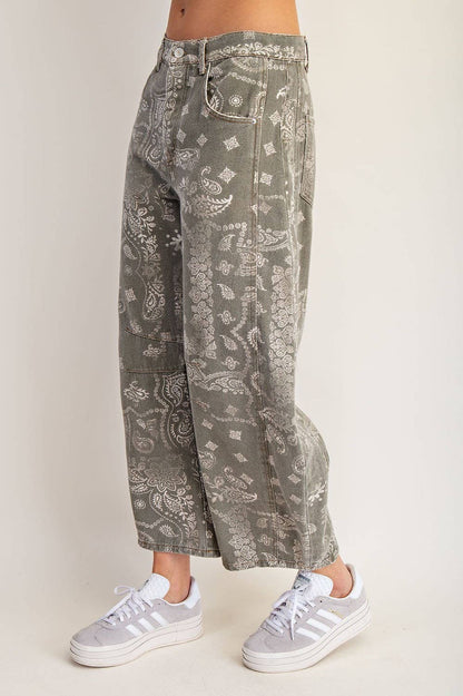 Mineral Washed Paisley Barrel Jeans- Vintage Army