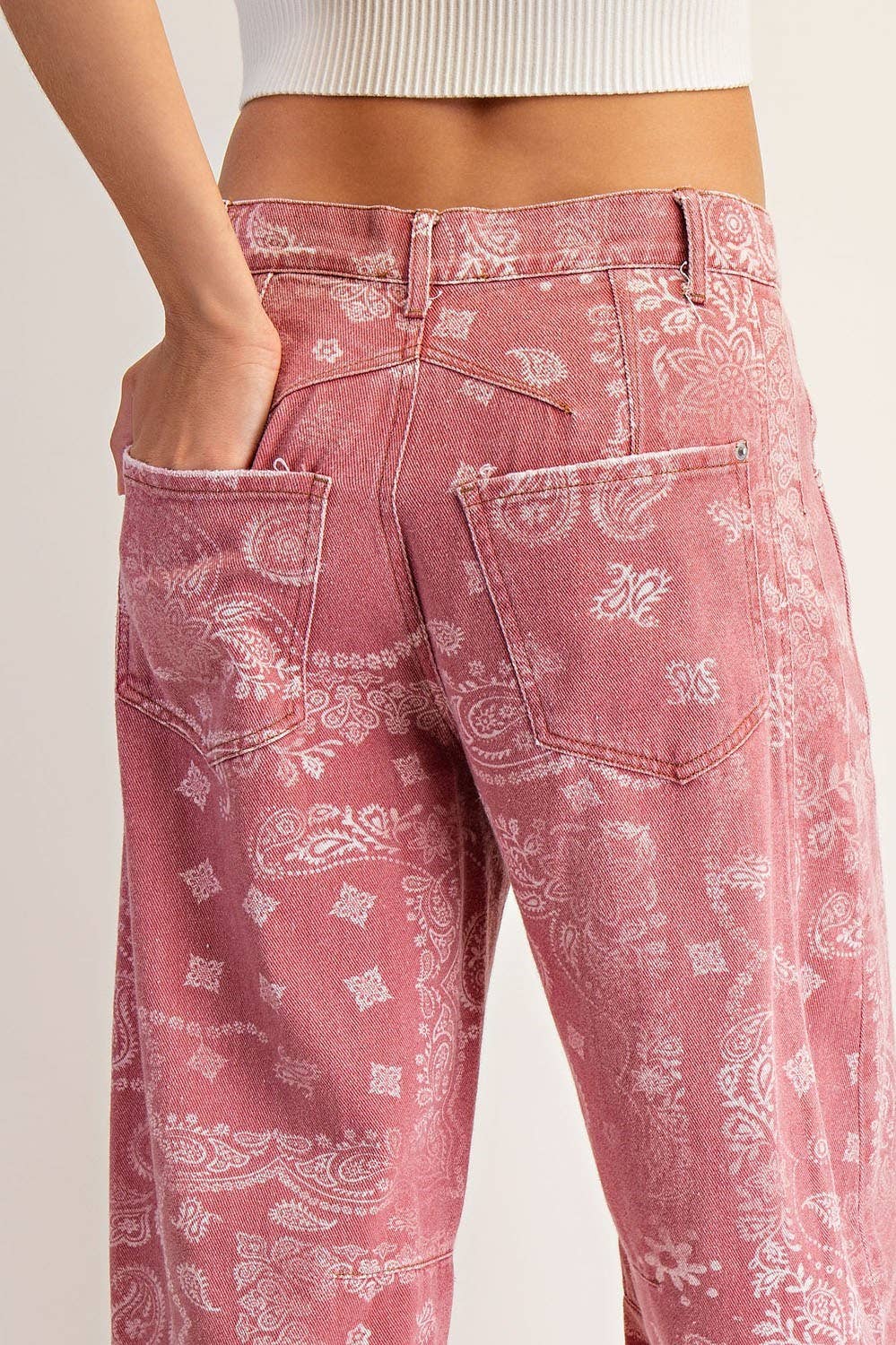 Mineral Washed Paisley Barrel Jeans- Dusty Rose