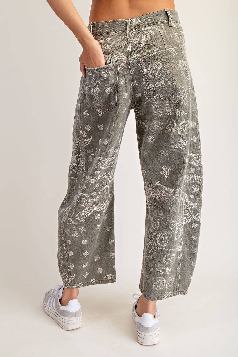 Mineral Washed Paisley Barrel Jeans- Vintage Army