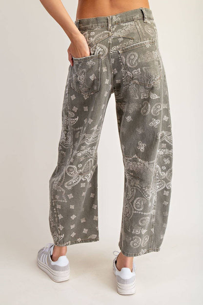 Mineral Washed Paisley Barrel Jeans- Vintage Army