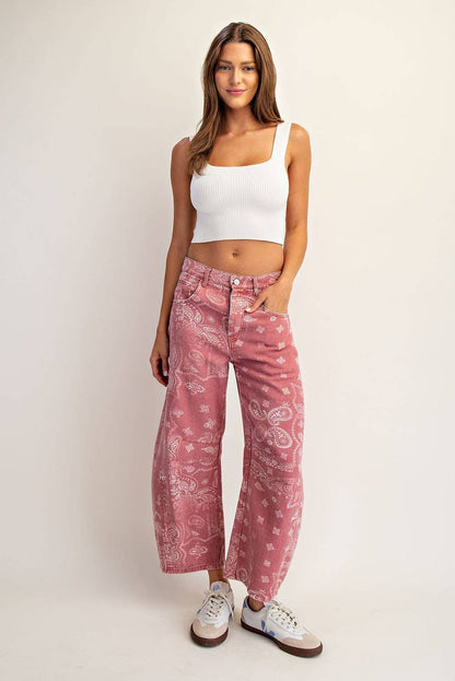 Mineral Washed Paisley Barrel Jeans- Dusty Rose