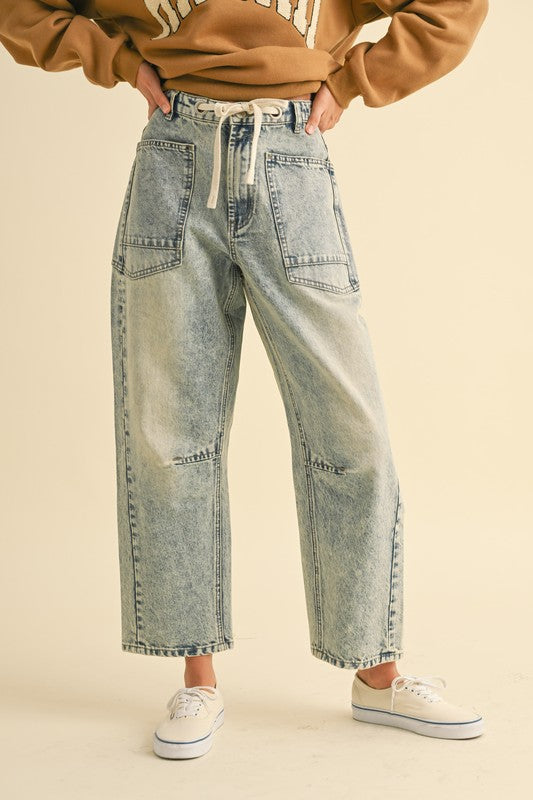 Washed Denim Barrel Pants