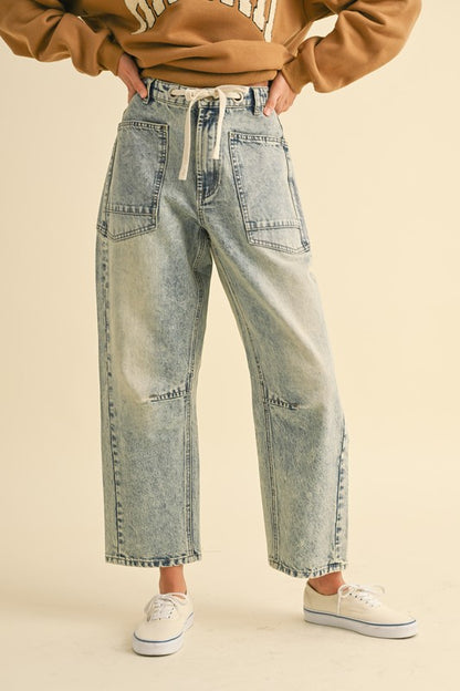 Washed Denim Barrel Pants