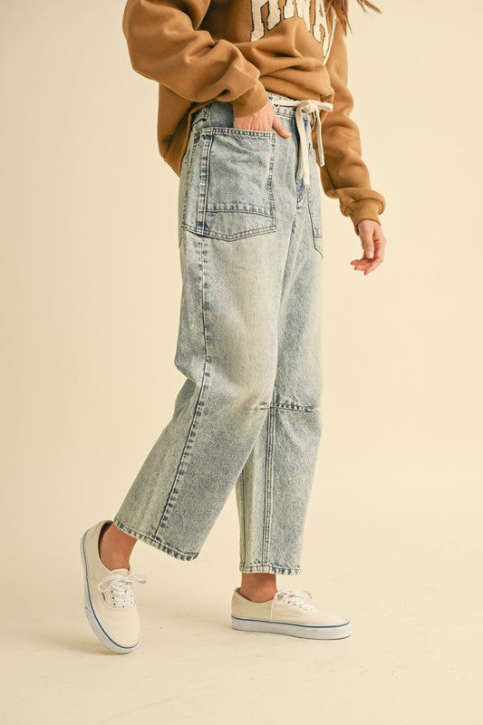 Washed Denim Barrel Pants