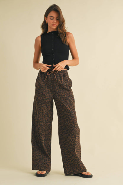 Leopard Print Wide Denim Track Pants