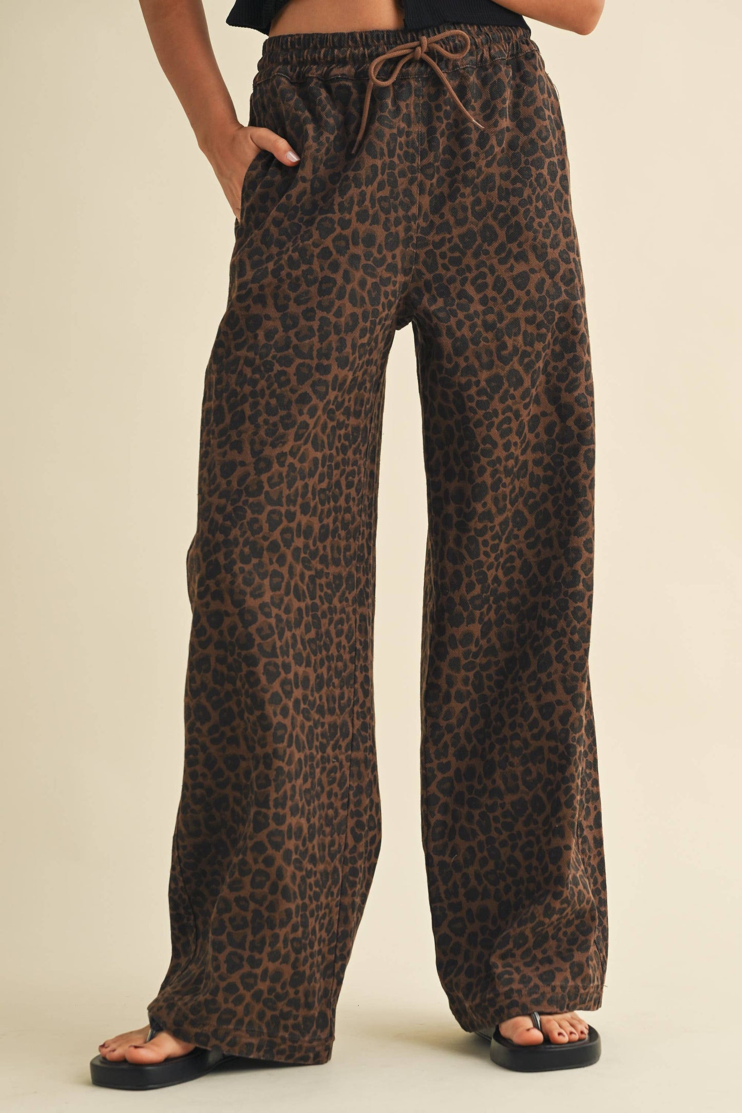 Leopard Print Wide Denim Track Pants