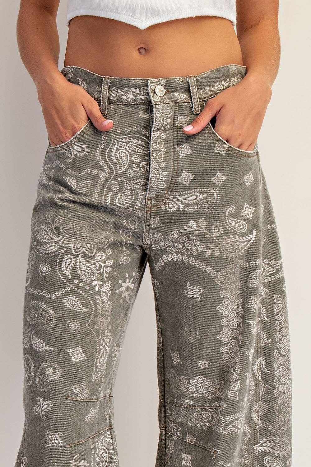 Mineral Washed Paisley Barrel Jeans- Vintage Army