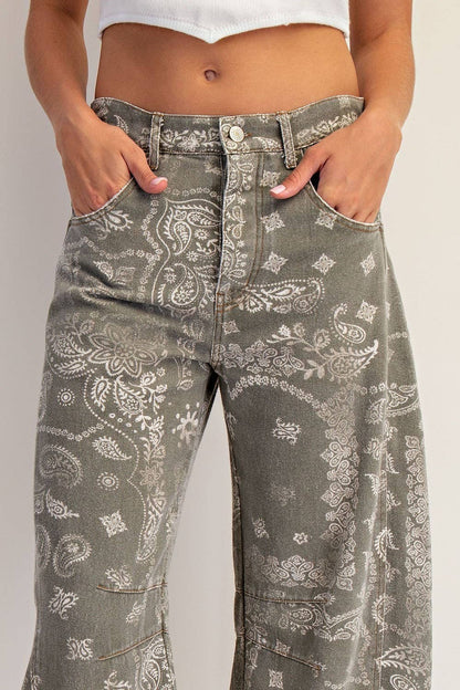 Mineral Washed Paisley Barrel Jeans- Vintage Army