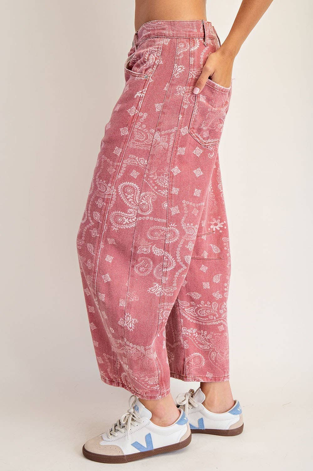 Mineral Washed Paisley Barrel Jeans- Dusty Rose