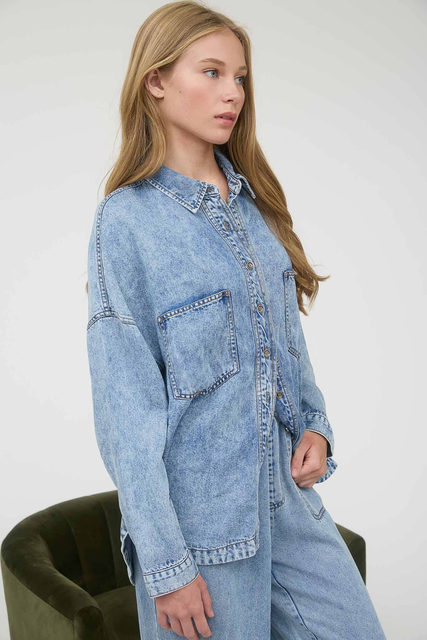 Washed Chambray Button Down Top